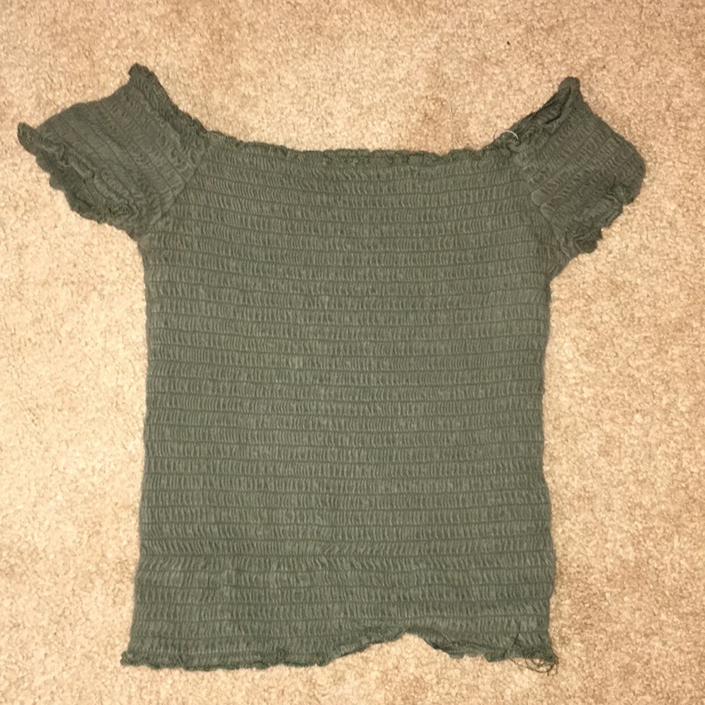 Olive smocked off the shoulder crop top